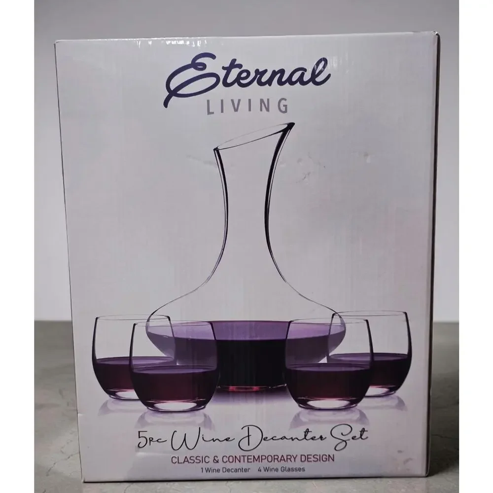 Eternal Living 5pc Wine Decanter Set with 4 Stemless Wine Glasses New In Box